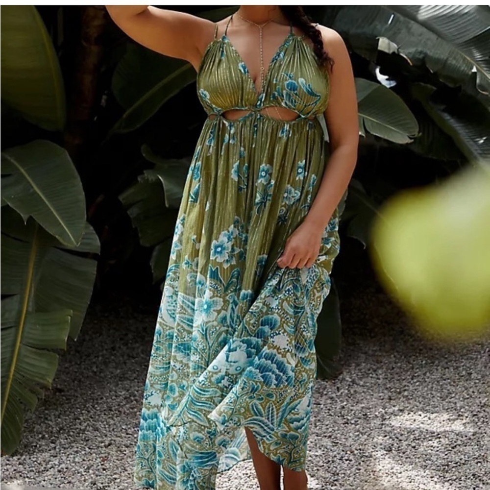 NWT Anthropologie Green Motif and Blue Metallic Cutout Maxi Dress Size XSP